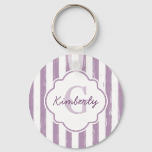 Chic Purple Painted Stripes Monogram and Name Keychain