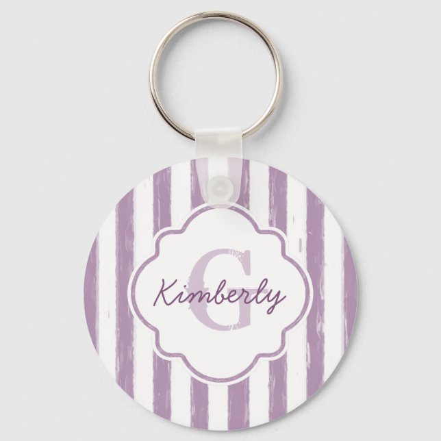 Chic Purple Painted Stripes Monogram and Name Keychain (Front)