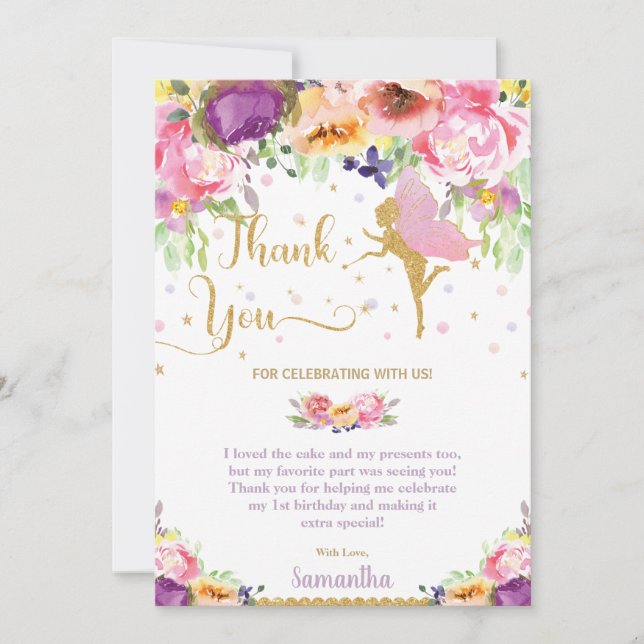 Chic Purple Pink Floral Fairy Baby Shower Birthday Thank You Card (Front)
