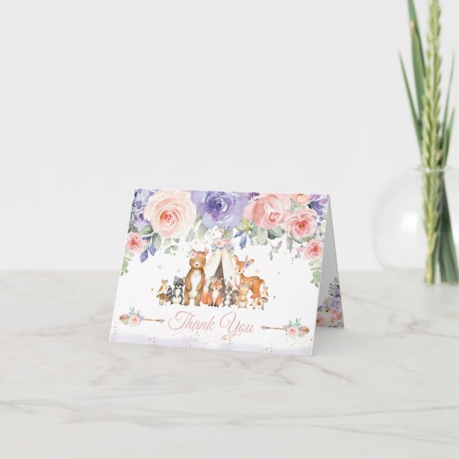 Chic Purple Pink Floral Tribal Woodland Animals  Thank You Card (Front)