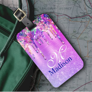 Chic purple pink ombre glitter drips monogram luggage tag