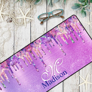 Chic purple pink ombre glitter drips monogram note desk mat
