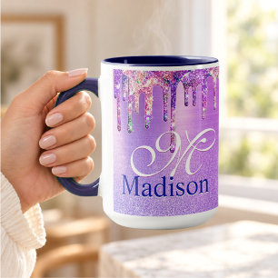 Chic purple pink ombre glitter drips monogram note mug