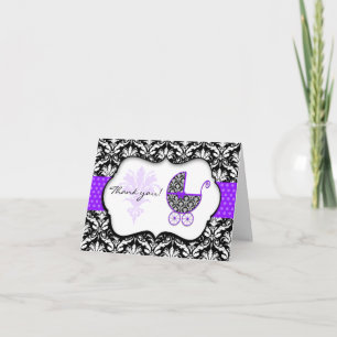 Chic Purple Polka Dot Damask Baby Shower Thank You