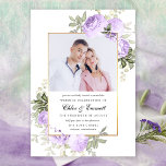 Chic Purple Rose Rustic Floral Wedding Photo Invitation<br><div class="desc">Your photo is surrounded by soft purple roses decorating a thin gold frame. Delicate sage green leaves add to the watercolor floral arrangement. A light purple colour sweeps across the back. This purple floral wedding invitation is part of the Violette collection. It contains many DIY wedding templates that let you...</div>