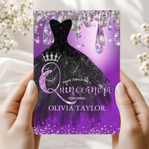 Chic purple silver glitter drips Quinceanera Invitation