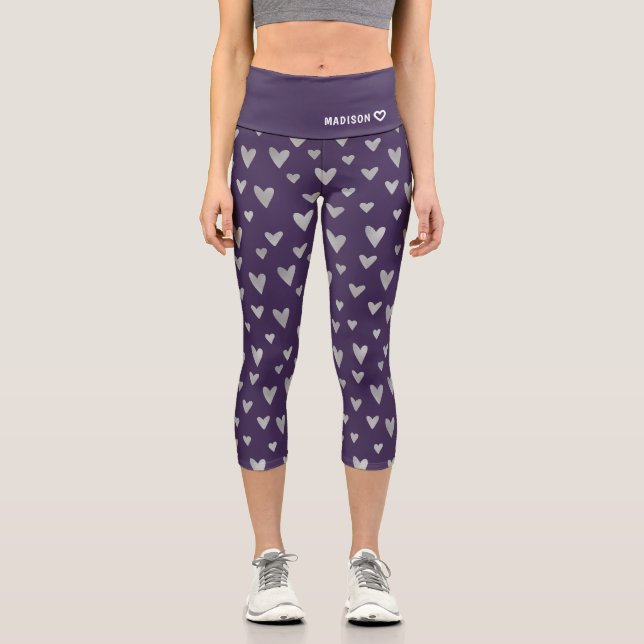 Chic Purple Silver Heart Pattern Personalized Name Capri Leggings (Front)