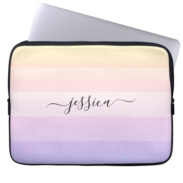 Chic purple striped script name laptop sleeve (Front)