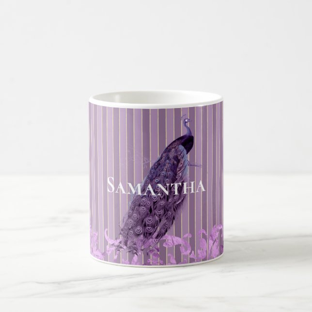 Chic Purple Stripes Peacock Coffee Mug (Center)