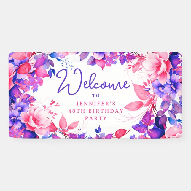 Chic Purple Watercolor Floral 40th Birthday  Banner (Horizontal)