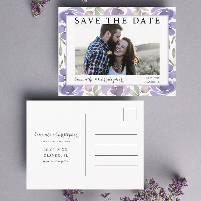 Chic Purple Watercolor Floral Save the Date Postcard (Creator Uploaded)