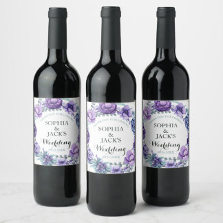Chic Purple Watercolor Floral Wedding Thank You Wine Label