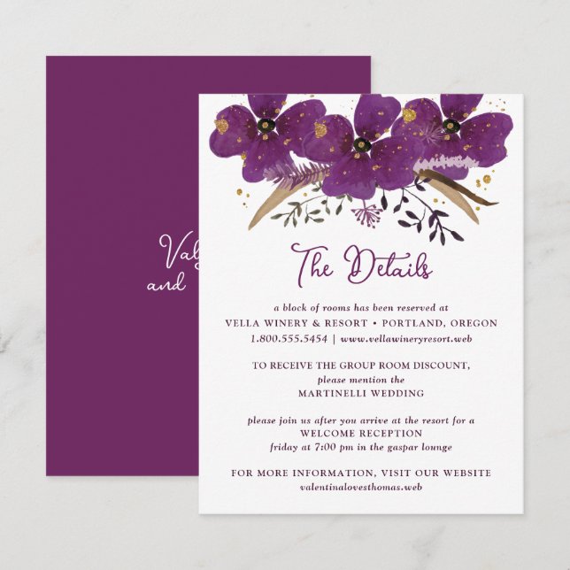 Chic Purple Watercolor Flowers Details Card (Front/Back)