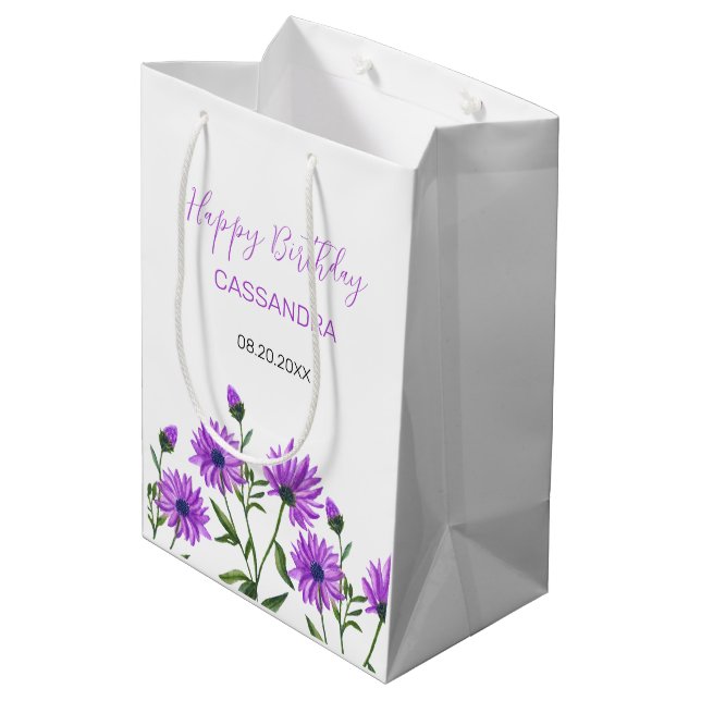 Chic Purple Xeranthemum Floral Birthday  Medium Gift Bag (Back Angled)