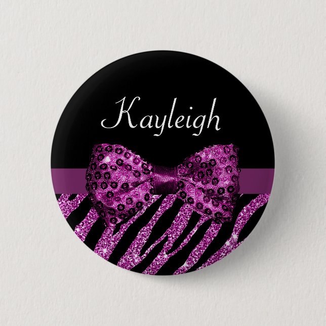 Chic Purple Zebra Print FAUX Glitz Bow With Name 2 Inch Round Button (Front)