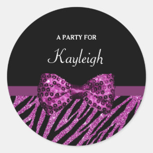 Chic Purple Zebra Print FAUX Glitz Bow With Name Classic Round Sticker