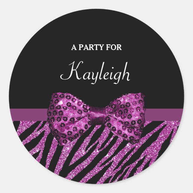 Chic Purple Zebra Print FAUX Glitz Bow With Name Classic Round Sticker (Front)