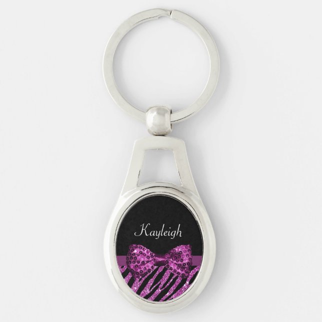 Chic Purple Zebra Print FAUX Glitz Bow With Name Keychain (Front)