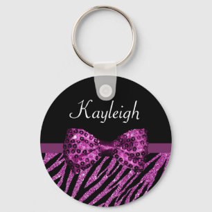 Chic Purple Zebra Print FAUX Glitz Bow With Name Keychain