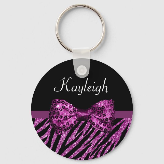 Chic Purple Zebra Print FAUX Glitz Bow With Name Keychain (Front)