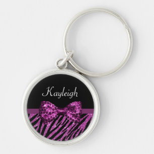 Chic Purple Zebra Print FAUX Glitz Bow With Name Keychain