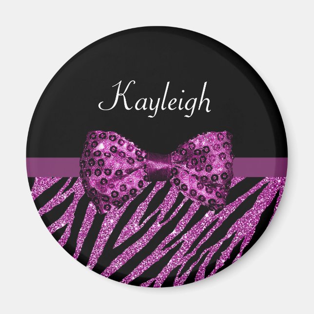 Chic Purple Zebra Print FAUX Glitz Bow With Name Magnet (Front)
