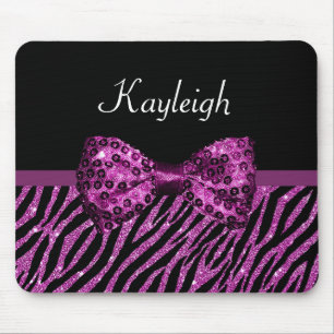 Chic Purple Zebra Print FAUX Glitz Bow With Name Mouse Pad