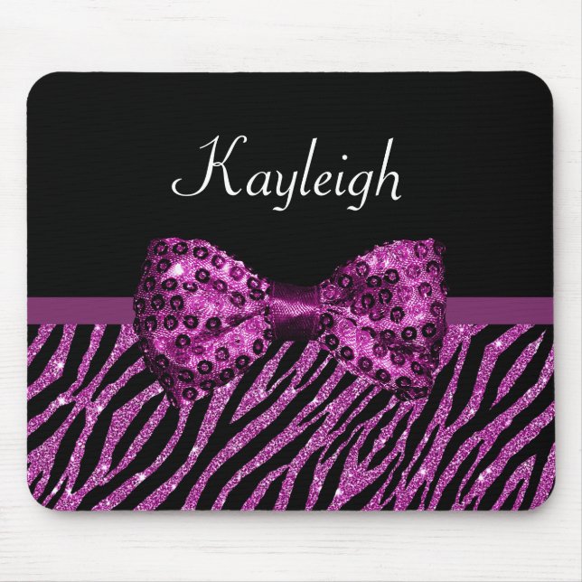 Chic Purple Zebra Print FAUX Glitz Bow With Name Mouse Pad (Front)
