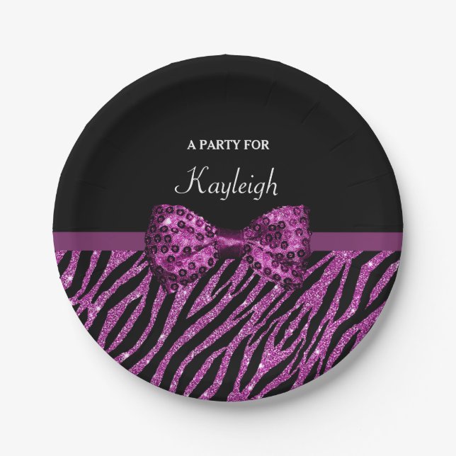 Chic Purple Zebra Print FAUX Glitz Bow With Name Paper Plate (Front)