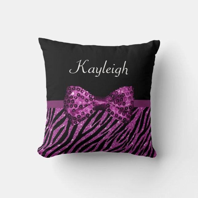 Chic Purple Zebra Print FAUX Glitz Bow With Name Throw Pillow (Front)