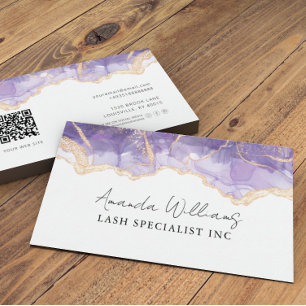 Chic QR Code Lilac Gold Glitter Marble Business Card