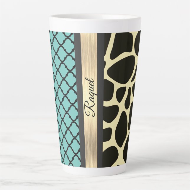 Chic Quartrefoil Giraffe Print Personalized  Latte Mug (Front)