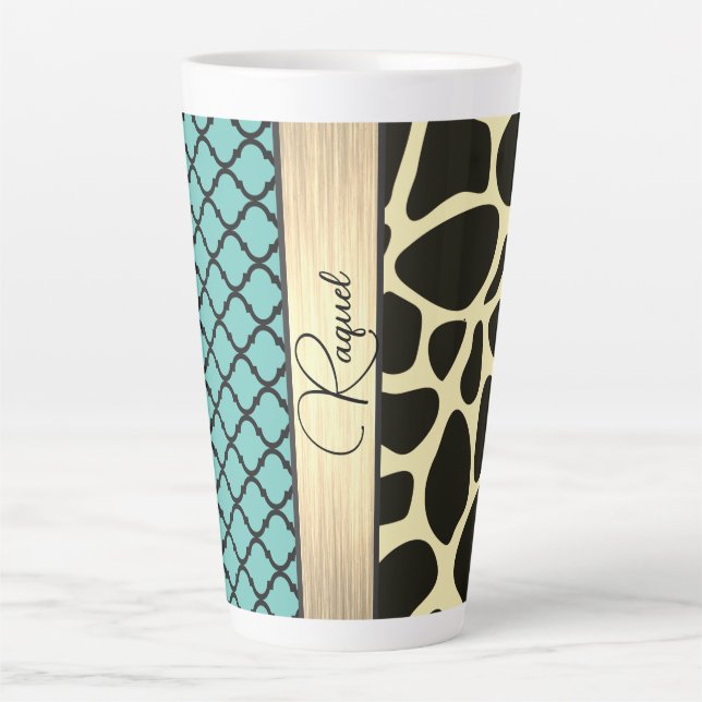 Chic Quartrefoil Giraffe Print Personalized  Latte Mug (Front)