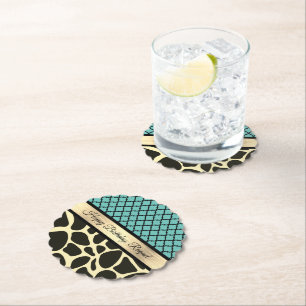 Chic Quatrefoil Giraffe Print Birthday Personalize Paper Coaster