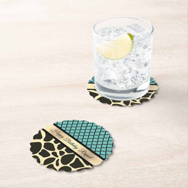 Chic Quatrefoil Giraffe Print Birthday Personalize Paper Coaster (Insitu)