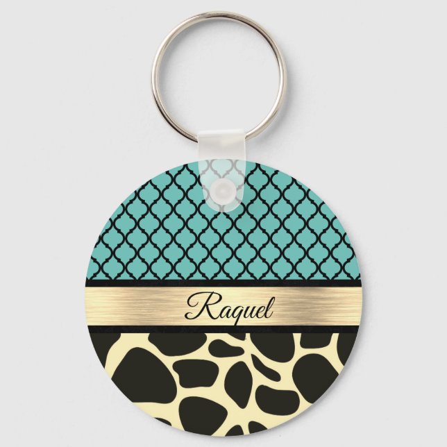 Chic Quatrefoil Giraffe Print  Keychain (Front)