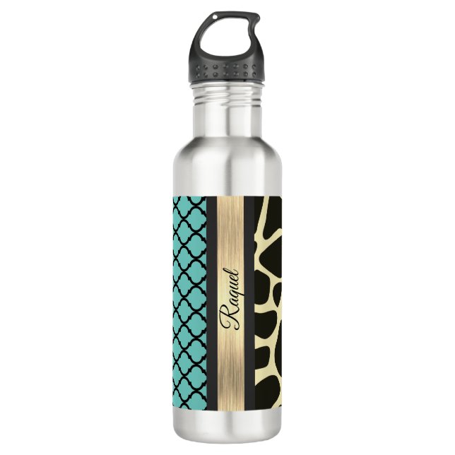 Chic Quatrefoil Giraffe Print Personalized        710 Ml Water Bottle (Front)