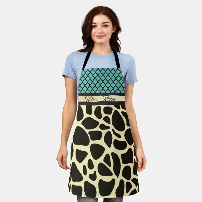 Chic Quatrefoil Giraffe Print  Personalized  Apron (Worn)