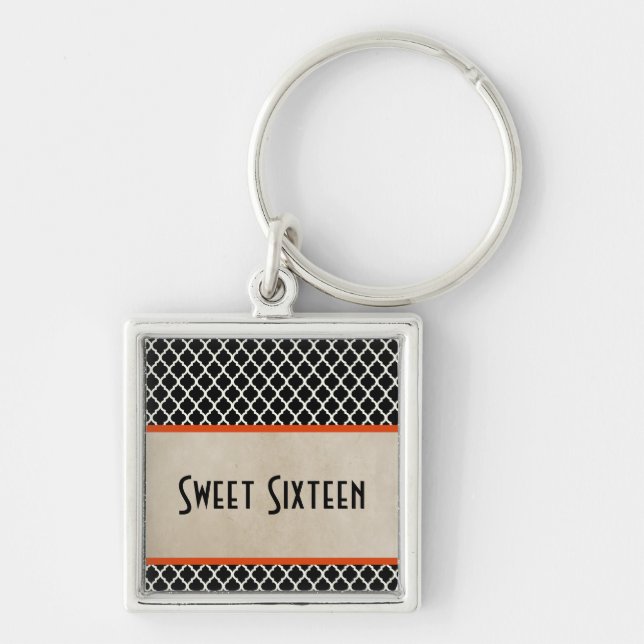 Chic Quatrefoil Sweet 16 Keychain, Orange Keychain (Front)