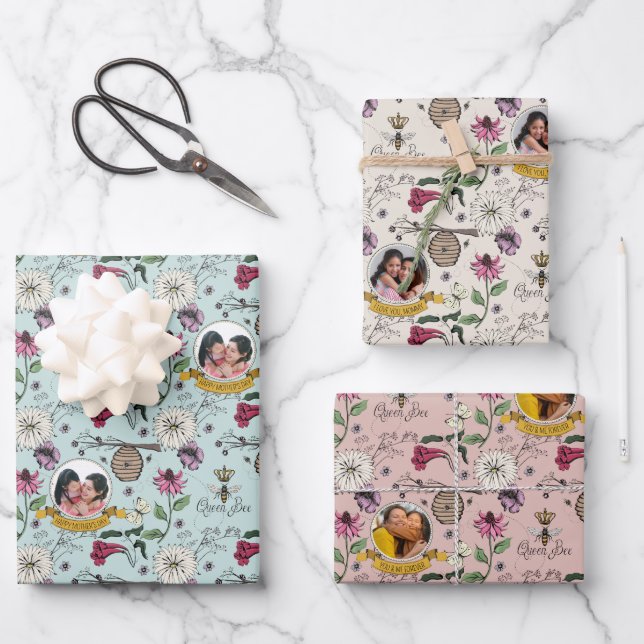 Chic Queen Bee & Flowers Pattern Wrapping Paper Sheet (Front)