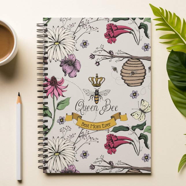 Chic Queen Bee Ivory Best Mom Ever Notebook (Chic Ivory Hand-Drawn Royal Queen Bee Illustration with 3 Custom Texts.
Front: 1 Text
Back: 2 Texts)