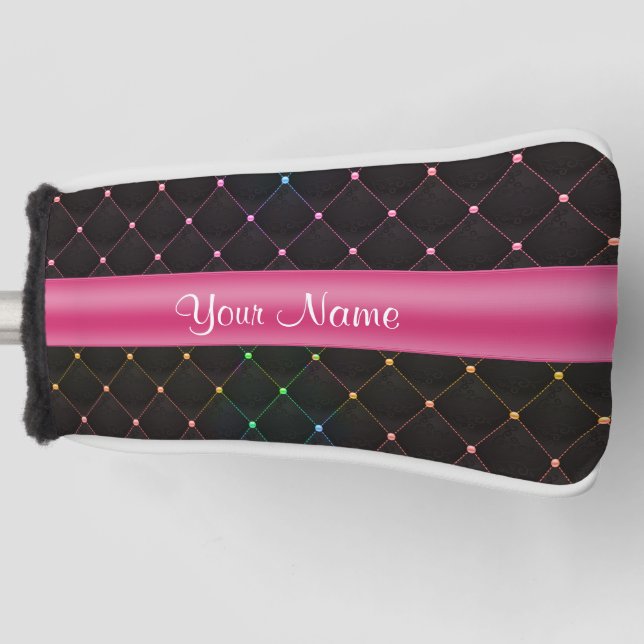 Chic Quilted Pink Black Colourful Personalized Golf Head Cover (Front)