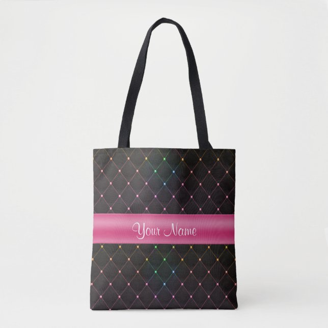 Chic Quilted Pink Black Colourful Personalized Tote Bag (Front)