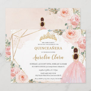 Chic Quinceañera Blush Pink Floral Tiara Birthday Invitation