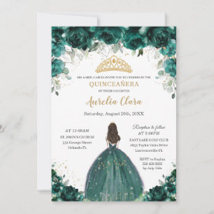 Chic Quinceañera Emerald Green Floral Princess Invitation