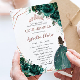 Chic Quinceañera Emerald Green Floral Rose Gold Invitation