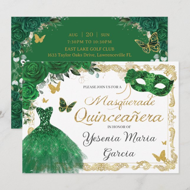 Chic Quinceañera Masquerade Emerald Green Floral I Invitation (Front/Back)
