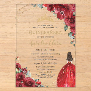 Chic Quinceañera Red Roses Flowers Floral Princess Acrylic Invitations