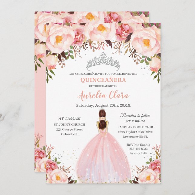 Chic Quinceañera Soft Blush Floral Princess Silver Invitation (Front/Back)
