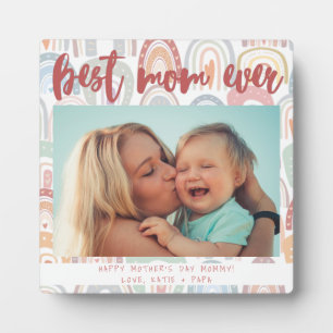 Chic Rainbow Boho Photo Calligraphy Best Mom Ever Plaque
